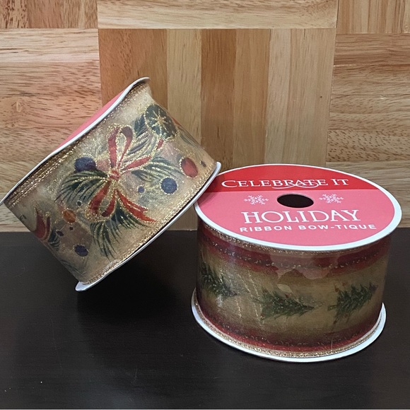 (2) 2.5x30ft Celebrate It Holiday Wired Ribbon Christmas Tree Ornament Bow Gold - Picture 2 of 8